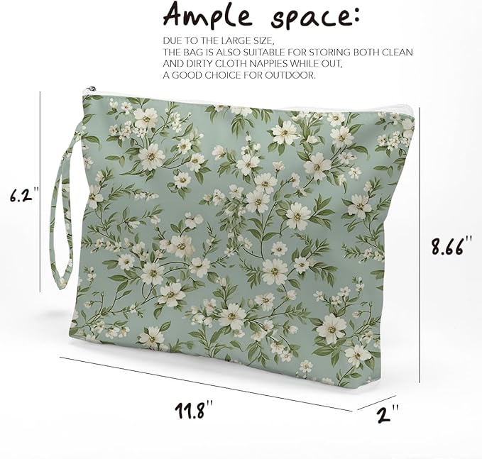 Fokongna Floral Print Wet Bag, Small Portable Waterproof Multi-Functional Organizer for Women, Green Tiny White Floral, Ideal for Daily, Beach & Travel