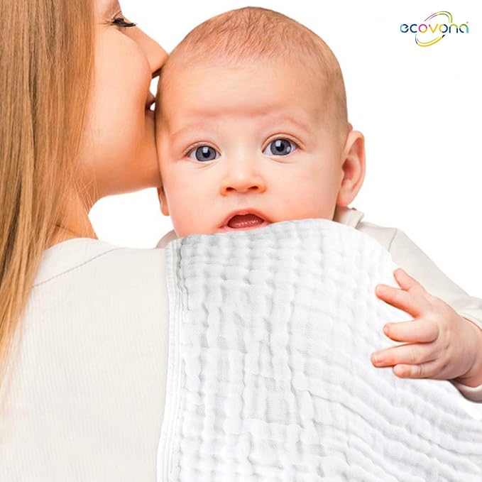 Muslin Burp Cloth for Baby Boys and Girls (8 Pack) | Cotton Newborn Essential Must Have Item | White Unisex Design | Super Soft and Absorbent Burping and Spit Up Cloths | Multi Use Baby Shower Item