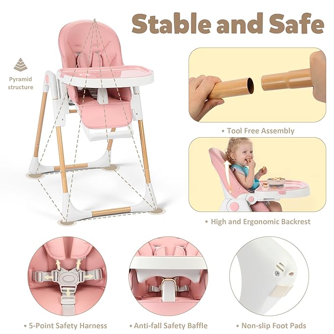 TODEFULL 3 in 1 Foldable Baby High Chair, Infant High Chairs for Babies and Toddlers, 6 Height & 5 Recline Adjustable Toddler Feeding Chair, 2 Tray Depth & 3 Footrest Angles, 2 Built-in Wheels, Black