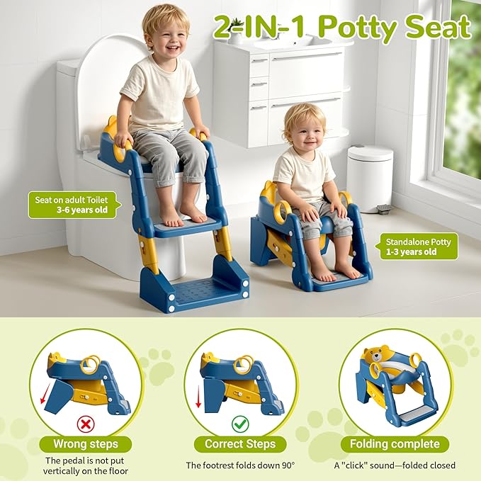 COOSEYA 2-in-1 Potty Training Seat & Potty Chair, Toddler Toilet Seat with Step Stool Ladder, Height Adjustable Foldable Potty Training Toilet for Kids Boys Girls with Splash Guard & Anti-Slip Steps