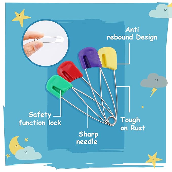 50 PCS Diaper Pins - Stainless Steel Pins with Plastic Safety Lock, Large Nappy Pins with Colorful Plastic Heads, 5.5cm x 1.1cm - Safety Pins for Baby Cloth Diapers