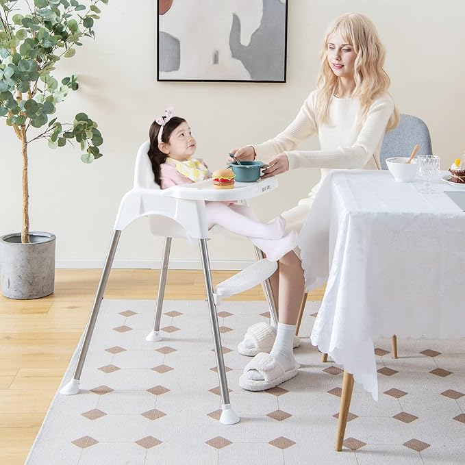 BABY JOY Baby High Chair, 4 in 1 Convertible Highchair for Babies & Toddlers with Adjustable Legs, Double Removable Tray, Safety Harness & Footrest (White)