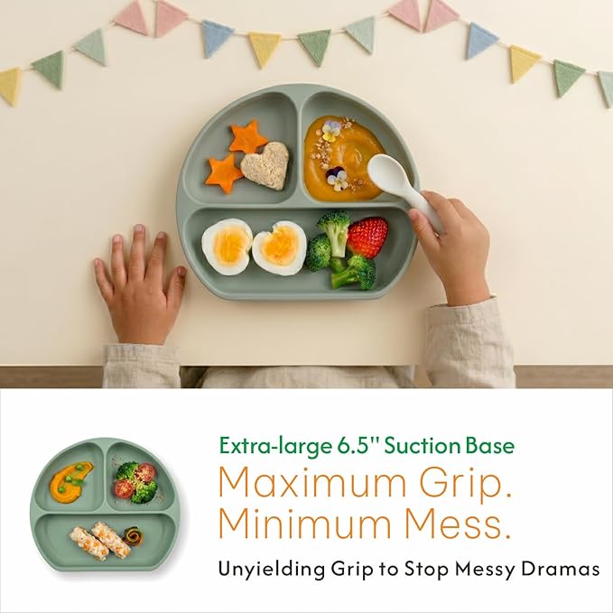 Remonda 17-Piece BPA-Free Baby Silicone Feeding Set | Extra Large Suction Plates, Toddler Bowls, Self Feeding Spoons, and More | Dishwasher Safe| Infant Led Weaning Supplies（Green）