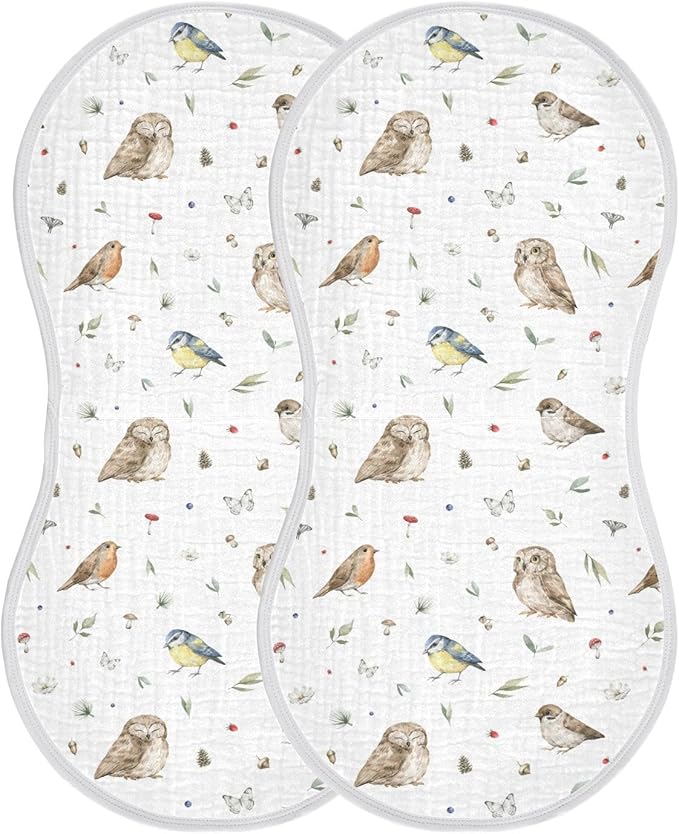 vvfelixl Muslin Burp Cloths Owl Sparrow Robin Birds Baby Washcloths for Baby Girl Boys 2 Pack White