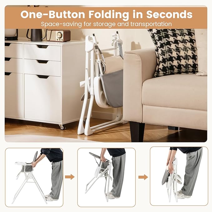 HONEY JOY High Chair, Foldable Baby Feeding Chair, Adjustable Tray & Footrest, Removable Easy-to-Clean PU Seat Cushion, 5-Point Harness, Cup Holder, Highchairs for Babies and Toddlers (Gray)