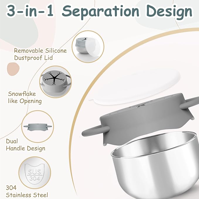 Baby Snack Containers Stainless Steel Snack Cups for Toddler Silicone Spill Proof Lids Handles 2 Pack Kids Travel Food Bowls Box Container Dishwasher Safe (Dark Grey+Light Grey)