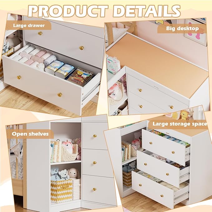 PAKASEPT Modern Nursery Changing Table, Corner Baby Dressing Table with 3 Drawers and 2 Open Shelves, Multi Functional Diaper Changing Station for Children's Rooms,Nursery