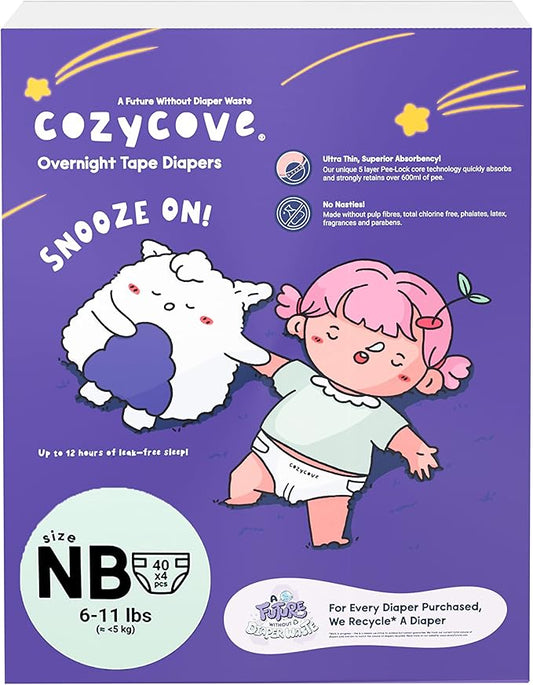 Cozycove Newborn (6-11 lbs) Diapers, 160 Count, Totally Chlorine Free, Skin-Friendly Material | Snooze On Slim Overnight Tape Disposable Diapers | 4 Bags of 40