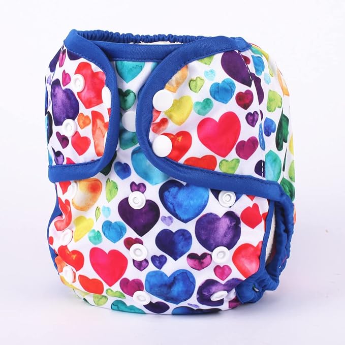Baby Cloth Diaper Cover Nappy Hook and Loop Double Gusset 6.6lbs to 33lbs (Raibow Hearts Blue), 1 Count