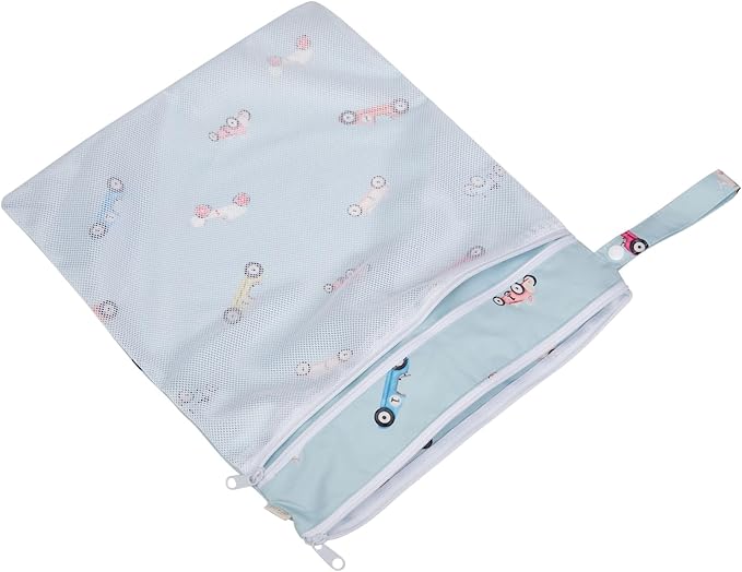Ali+Oli Water Resistant Dual-Compartment Wet-Dry Bag for Travel, Hook to Stroller, Daycare, Diapers, Diaper Bag, Clutch Bag,15x12 inches (Retro Cars)