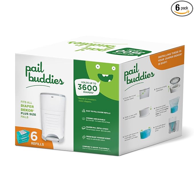 Pail Buddies Diaper Pail Refills | 6 Count Value Pack Holds 3,600 Diapers | Compatible with Dekor Plus Diaper Pail | Strong, Durable Refill Bags with Odor Eliminating Fresh Baby Powder Scent