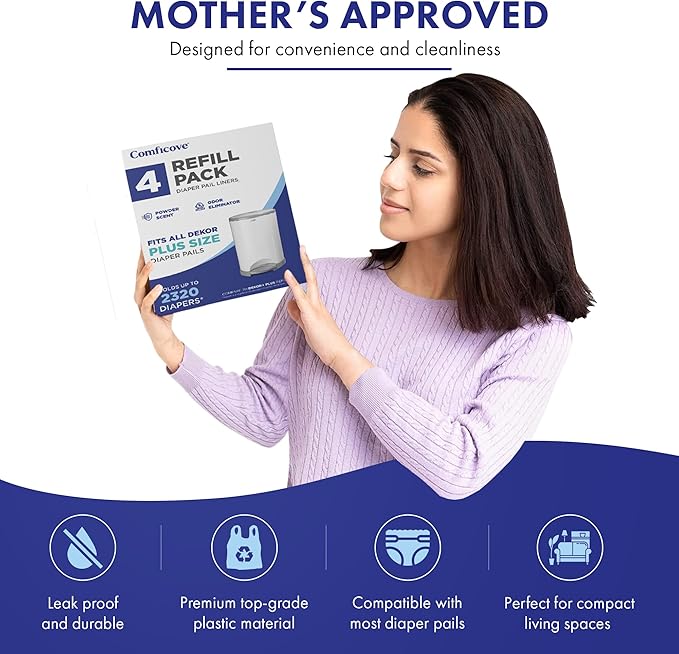 COMFICOVE Refills Compatible with DEKOR PLUS Diaper Pails | 4 Pack | Extra Thick Diaper Pail Refill Liners | Fresh Scent | Easy to Replace and Dispose of Diaper Bag | Odorless Baby Diapers Disposal