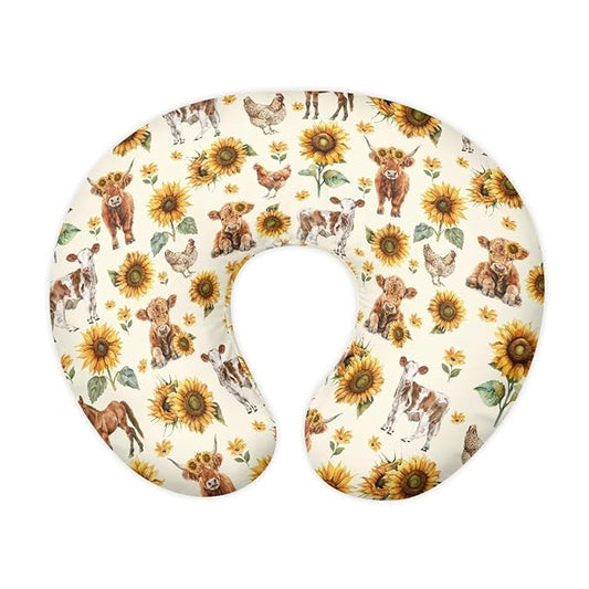 Highland Cow Sunflower Baby Nursing Pillow Cover, Removeable Breastfeeding Pillow Slipcover, Nursing Pillow Case for Newborn Boys Girls, Soft Fabric Fits Snug On Infant, Washable & Breathable