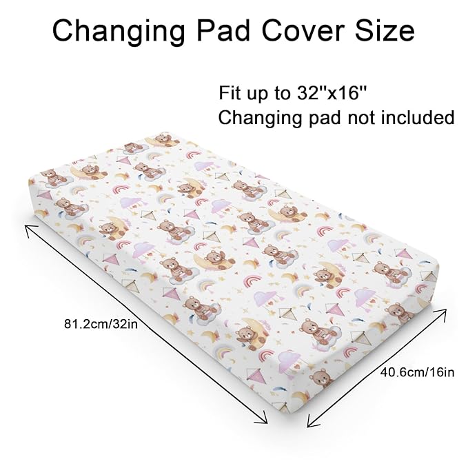 Cartoon Cute Bear Girl Changing Pad Covers Pink Bear Rainbow Moon Stars Clouds Leaf Baby Change Table Sheets Cover for Boys Girls Soft Stretchy Diaper Changing Table Mats 32''x16''