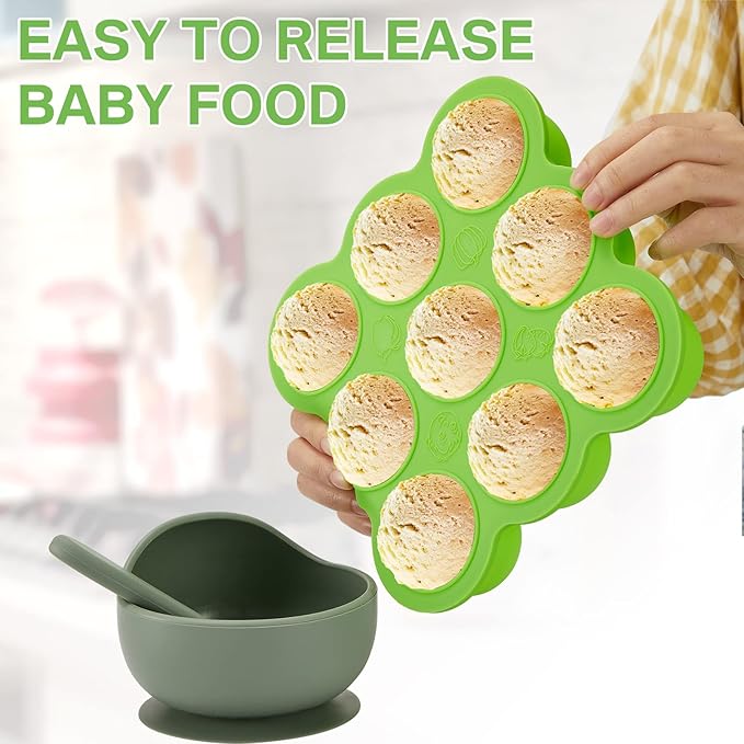CHENGU 4 Pack Baby Food Storage Containers 9 Cup Silicone Baby Food Freezer Tray with Lid Stackable Reusable Freezer Storage Tray for Ice Breast Milk Homemade Food Vegetable (Blue, Purple, Green)