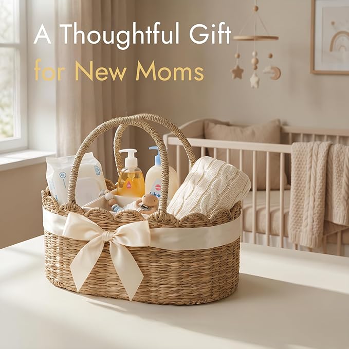 YANGQIHOME Diaper Caddy Organizer, Seagrass Nursery Baby Basket for Baby Essentials, Scalloped Wicker Diaper Caddy, Baby Shower Gifts (MeadowNest)