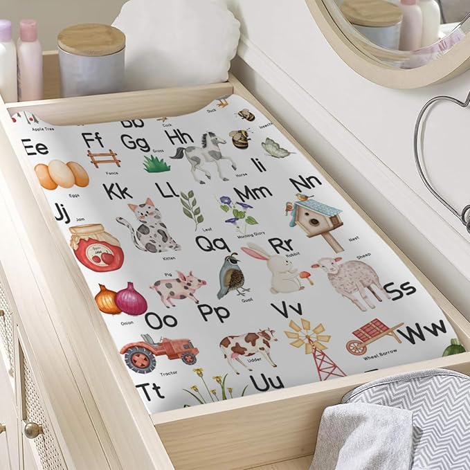 Funny Farmhouse Animals Life Changing Pad Cover Cute Farm Life ABC Learning Fitted Baby Changing Table Sheets for Boys Girls Soft Stretchy Diaper Changing Table Mats 32''x16''