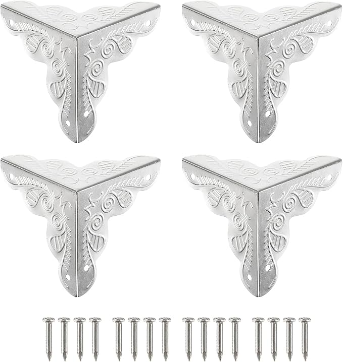 uxcell 12 Pcs Box Edge Guard, 35mm Decorative Box Corner Cover, Corner Protector, Vintage Stair Dust Corners with Screws, Silver