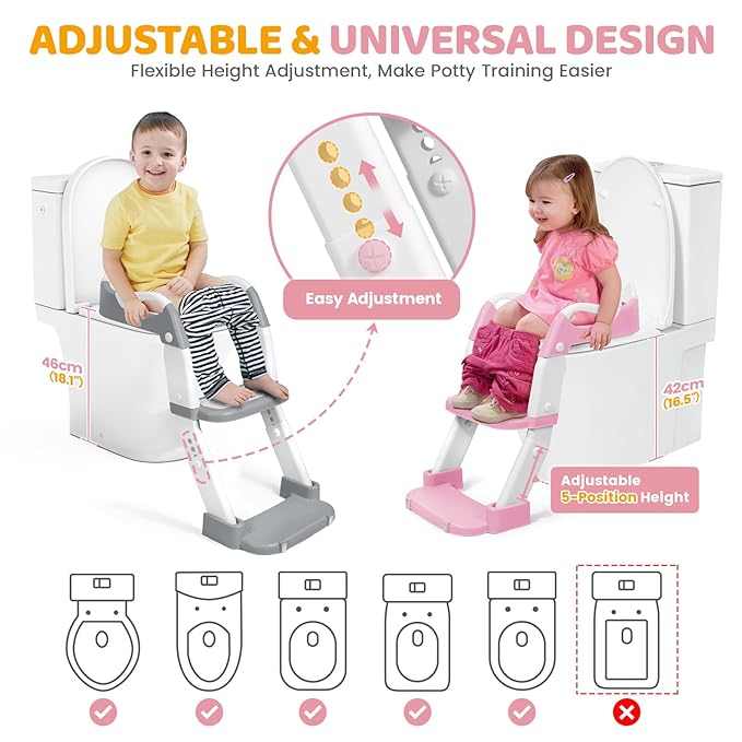 Orzbow Potty Training Seat, Toddler Toilet Seat with Step Stool Ladder, 2-in-1 Toddler Potty Training Toilet Chair for Kids Boys Girls - 5-Level Adjustable Height | Splash Guard | Anti Slip Pad, Pink