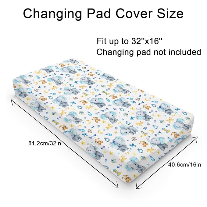 Cute Elephant Changing Pad Covers Cartoon Elephant Diaper Changing Pad Table Sheets Cover for Boy Girl Blue Elephant Soft Breathable Stretch Nursery Baby Changing Pad Mats Covers 32''x16''