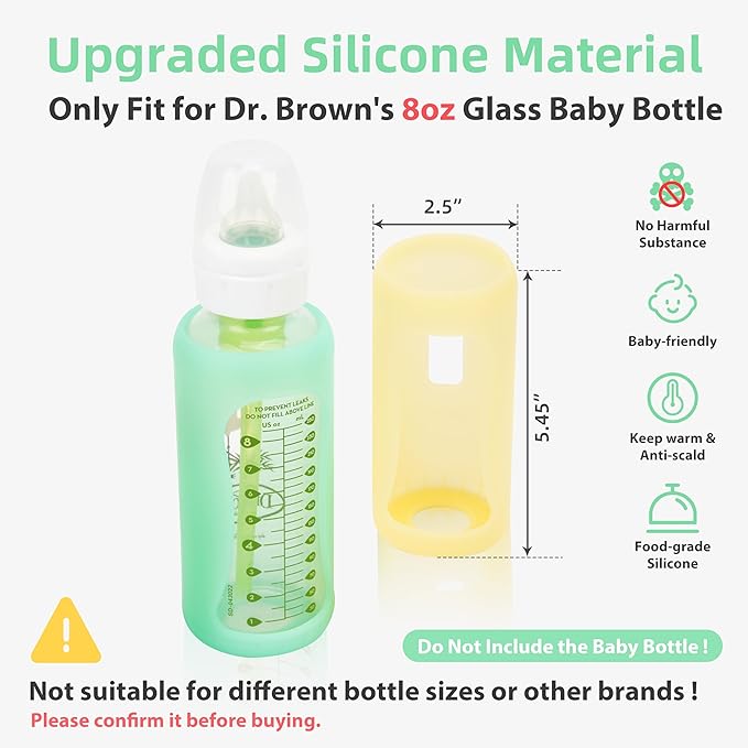 4PCS Silicone Baby Bottle Sleeves for Dr. Brown Bottles 8 oz, Anti Breakage Baby Bottle Sleeves Holder for Dr. Brown Glass Bottles, Narrow Sleeve with a Cutout, Clear Vision, Dishwasher Safe, 8oz