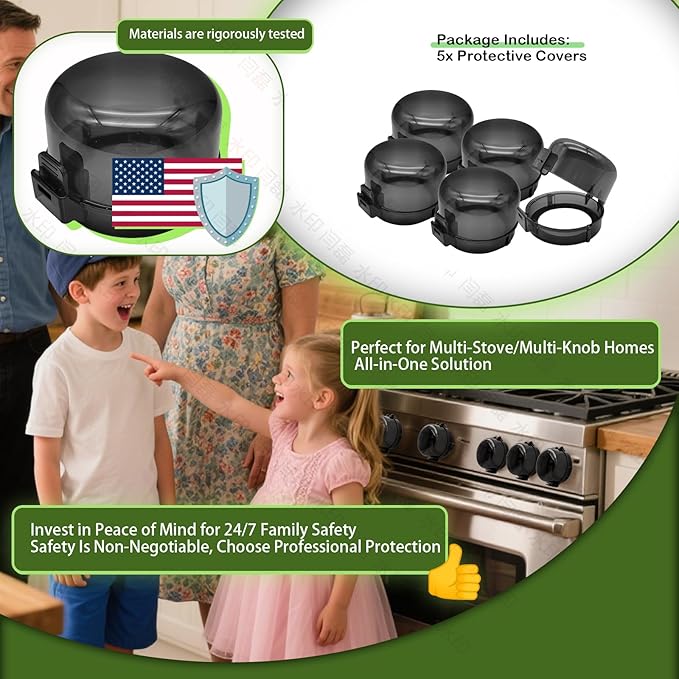 Stove Knob Safety Covers 5-Pack - Childproof & Pet Proof Locks for Gas/Electric Ovens, Heat-Resistant Clear Guards, Easy Damage-Free Install (Transparent Black)