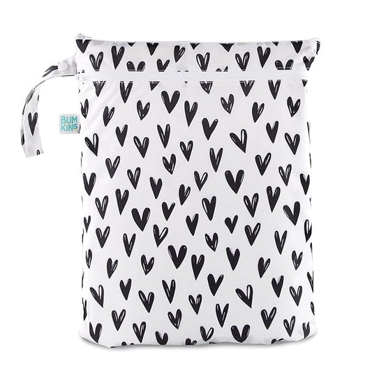 Bumkins Waterproof Wet Dry Bag for Baby, Travel, Swim Suit, Cloth Diapers, Pump Parts, Pool, Beach, Gym Clothes, Toiletry, Hook to Stroller, Daycare, Zipper Reusable Wetdry Packing Pouch, Black Hearts
