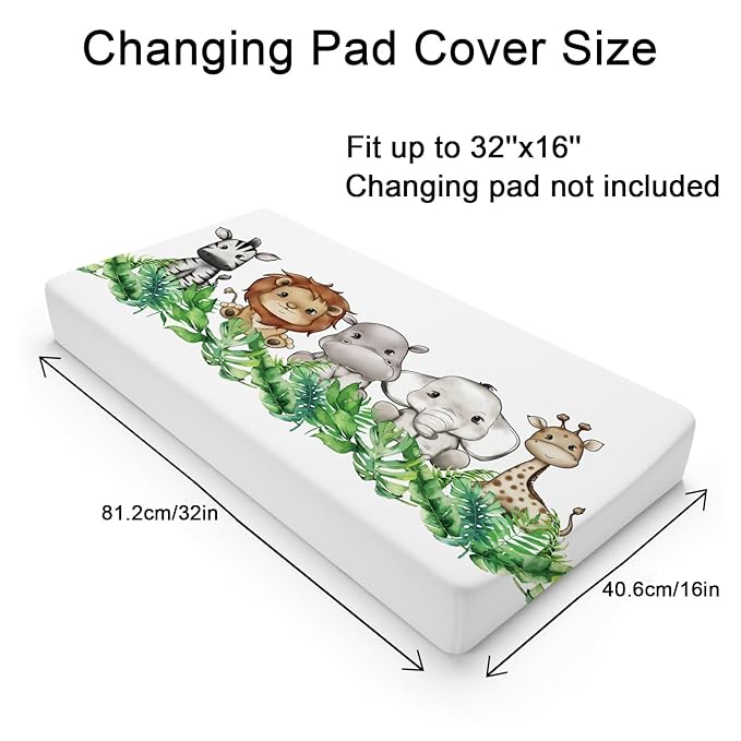 Baby Safari Animals Changing Pad Cover Cute Lion Elephant Giraffe Zebra Hippo Green Tropical Palm Leaves Change Table Pad Cover for Boys Girls Soft Stretch Fitted Diaper Changing Mat Sheets 32''x16''