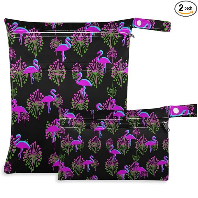 visesunny Purple Flamingo Tropical Pattern 2Pcs Wet Bag Washable Reusable Roomy for Travel,Beach,Pool,Daycare,Stroller,Diapers,Dirty Gym Clothes, Wet Swimsuits, Toiletries