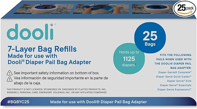 Diaper Pail Bag Refills, Compatible with Diaper Genie, Roll of 25 Bags, Holds up to 1,125 Diapers