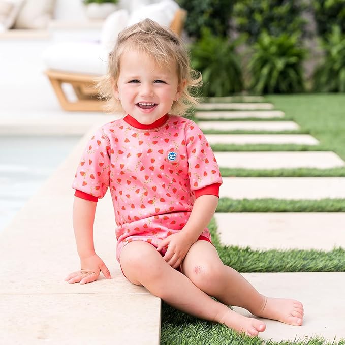 Splash About Happy Nappy Wetsuit, Swimsuit for Babies & Toddlers with Built-in Swim Diaper (Strawberry Field, 6-14 Months)