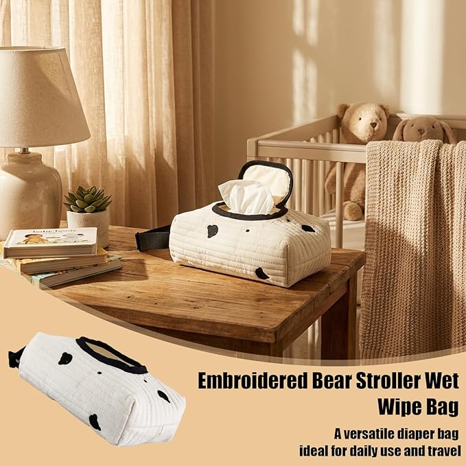 Embroidered Bear Baby Wipes Dispenser, Portable On-the-Go Wet Wipes Pouch for Diaper Bag, No-Spill Travel Wipe Holder with Strap, Cute & Washable Diaper Accessories for Baby Shower Registry