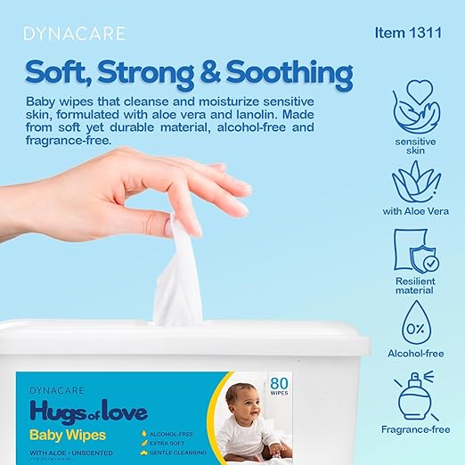 Dynarex DynaCare Hugs of Love Baby Wipes - Unscented - Large - Alcohol-Free Wipes with Aloe & Lanolin, Safe for Sensitive Skin - 80 Wipes per Tub, 12 Tubs per Case