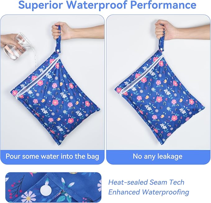OTraki 3 Pack Waterproof Wet Dry Bag with Zippered & Handle Reusable Wet Clothes Bag Baby Cloth Diaper Wet Bags for Swimming Travel Beach Pool Gym,Drying Do Not Exceed 176℉ (Flower Pattern)