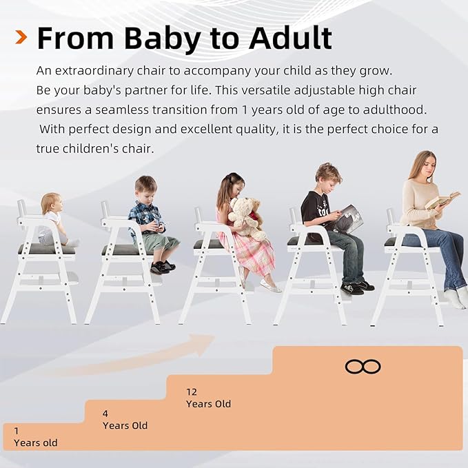 Wooden High Chair for Toddlers & Baby, Adjustable Dining Feeding Chair Grows with Kid, Convertible High Chair for Babies, Wipe Clean Skin-Friendly Cushion, for Home & Restaurant - White