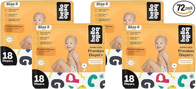Hello Bello Premium Baby Diapers Size 5 I 18 Count of Disposable, Extra-Absorbent, Hypoallergenic Baby Diapers with Snug and Comfort Fit I Alphabet Soup (Pack of 4)