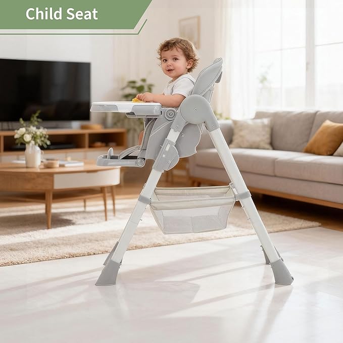 GarveeLife Foldable High Chair for Babies & Toddlers, PU Leather Highchair with Adjustable Backrest, Footrest, Seat Height, Removable Tray, 5-Point Safety Harness, Light Grey