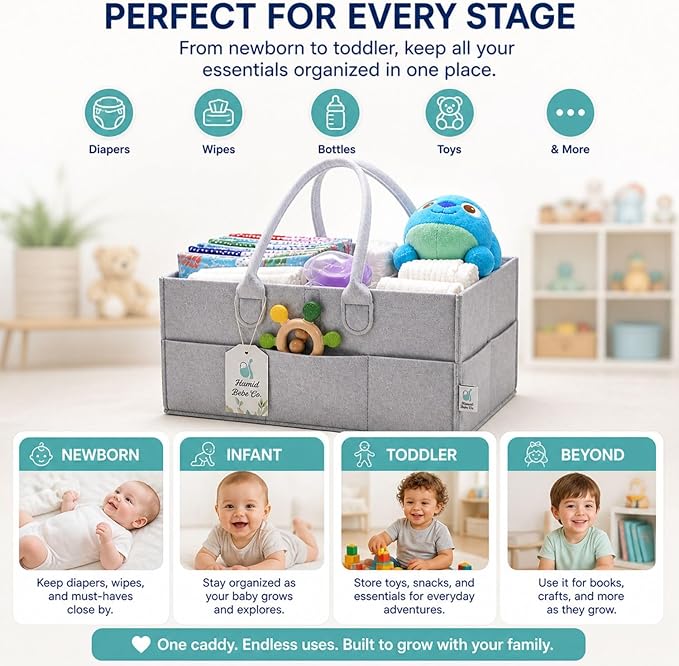 Hamid Baby Diaper Caddy Organizer – Includes Infant Face Cleaning Towel – Grey Large Portable Nursery Storage Basket with 3 Compartments, 8 Pockets, Removable Dividers – Car, Travel Diaper Bag
