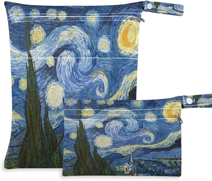 Van Gogh The Starry Night Art Print Waterproof Wet Bags - Machine Washable | Wet Dry Bag for Cloth Diapers, Swimsuit,Daycare, 2 Pack