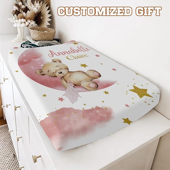 Personalized Toddler Changing Pad Cover - Custom 2 Piece Comfortable Cute Bear Print Changing Pad Covers for Baby Boys and Girls, Birthday Gift for Toddlers