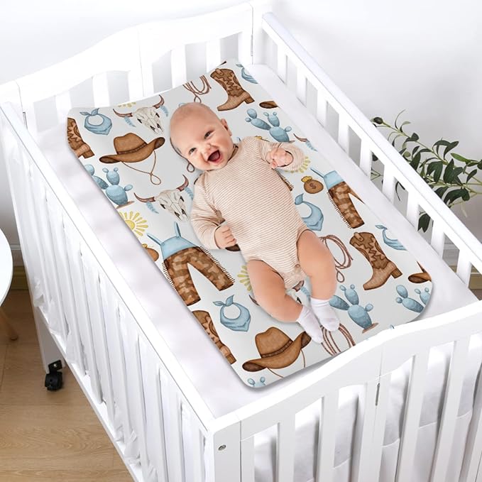 Baby Western Cowgirl Cowboy Changing Pad Covers for Boy Girl 32''x16'' Desert Cowboy Hat Boot Sun Cactus Fitted Diaper Changing Table Pad Sheets Soft Breathable Baby Change Table Mat