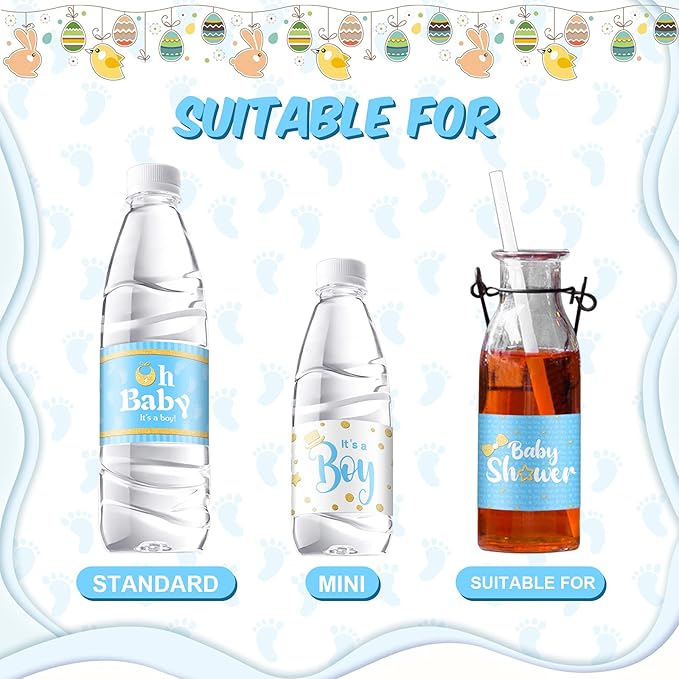 Teling 80 Pieces Baby Shower Water Bottle Labels Waterproof Water Bottle Stickers Wrappers Labels for Baby Shower Party Decoration(Blue Boy Style)
