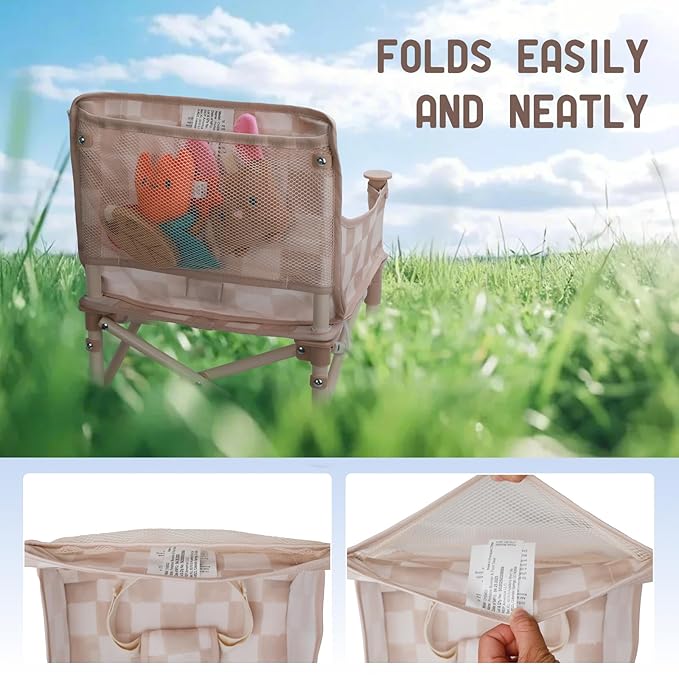 Tiny Marvels 3-in-1 Portable Baby Chair, Foldable Booster Seat with Removable Tray, Safety Harness & Carry Bag for Dining, Travel, Camping, Beach, 6M-3Y (Sand Checker)