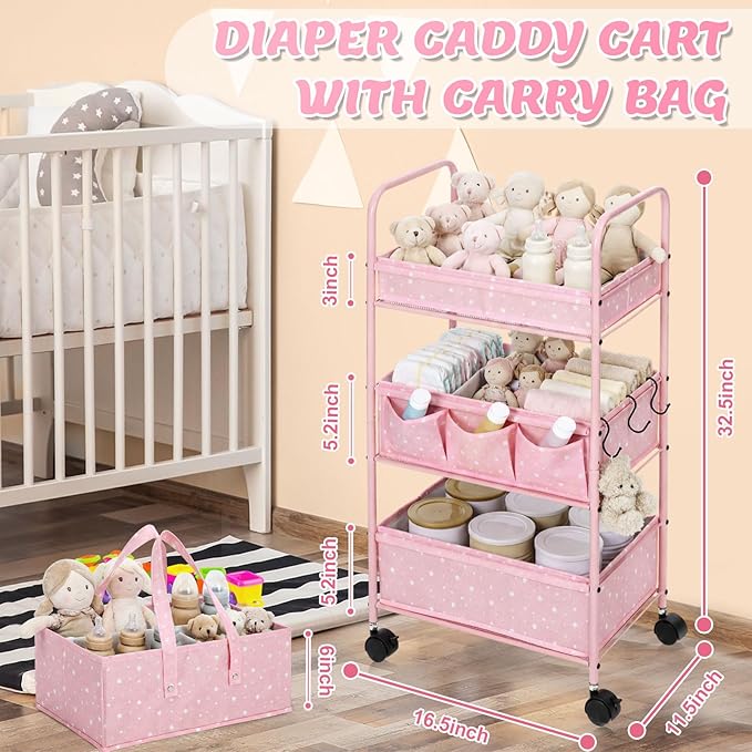 Yookeer 2in1 Baby Diaper Caddy Organizer Cart 3 Tier Large Capacity Metal Utility Bedside Rolling Cart with Divider Newborn Registry Gift Nursery Essential Must Have Bedroom Baby Shower(Pink,Star)