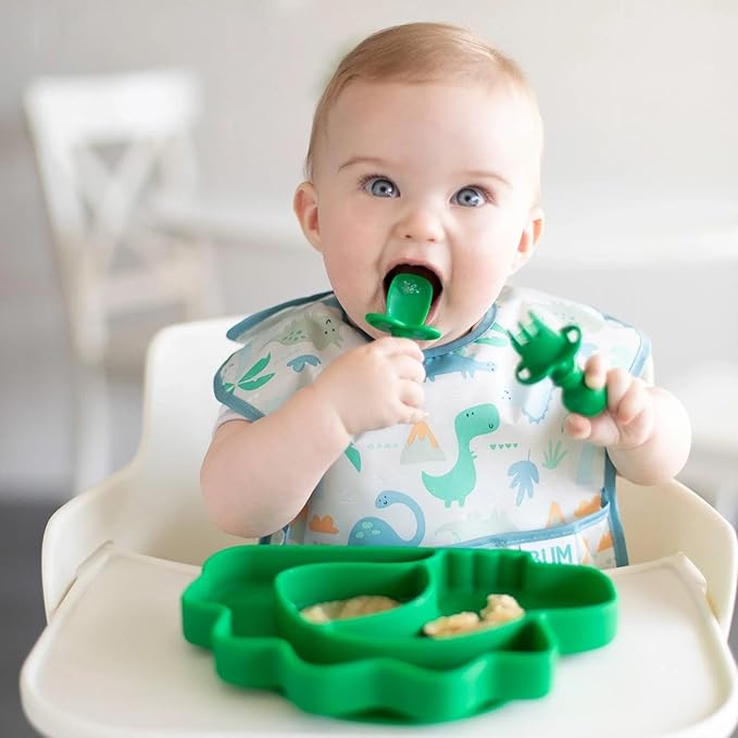 Bumkins Bibs for Girl or Boy, SuperBib Baby and Toddler for 6-24 Months, Essential Must Have for Eating, Feeding, Baby Led Weaning Supplies, Mess Saving, 3-pk Hangry, Dinosaurs, and Blue Tropic