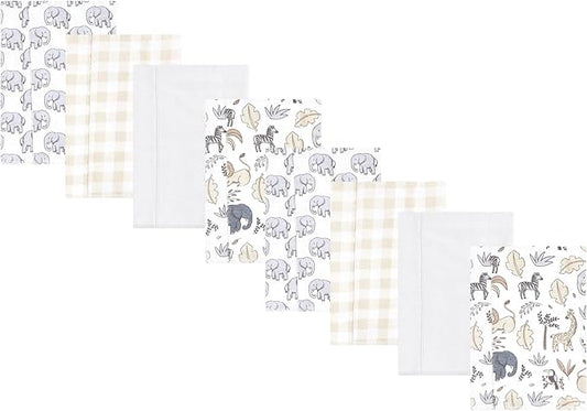 Hudson Baby Cotton Poly Flannel Burp Cloths Multipack, Neutral Safari 8-Pack, One Size