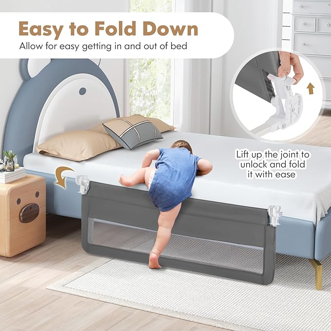 Costzon Bed Rail for Toddlers, 2 PCS Extra Long Swing Down Safety Bed Guards w/Straps for Convertible Crib, Kids Twin, Double, Full Size, Queen & King Bed, Folding Bed Rails for Baby (59-Inch, Gray)