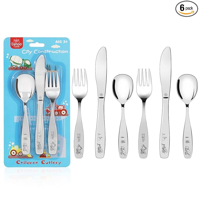 Lehoo Castle Kids Silverware 6-Piece | Toddler Utensils for 3 Year Old, Toddler Forks and Spoons Knife Set, Children Safe Flatware for Self Feeding (Construction Vehicles)