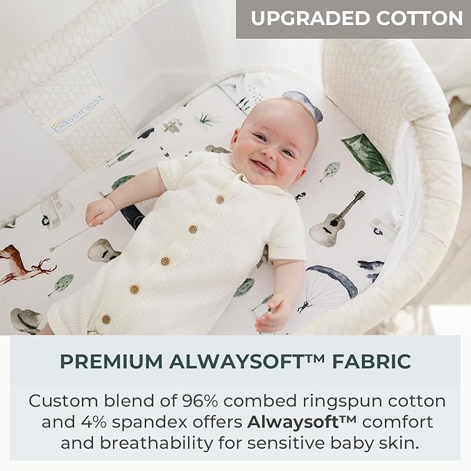 Pobibaby - 2 Pack Premium Bassinet Sheets for Standard Bassinets - Ultra-Soft Cotton Blend, Stylish Woodland Pattern, Safe and Snug for Baby (Explore)