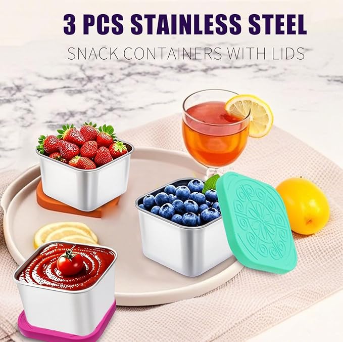 304 Premium Stainless Steel Snack Containers with Silicone Lids, Snackle Box Containers, Easy-Open Leak-Proof Kids for Taking Out for a Picnic, Lunch Box and Travel. (Red Orange Blue-3, 6 OZ)
